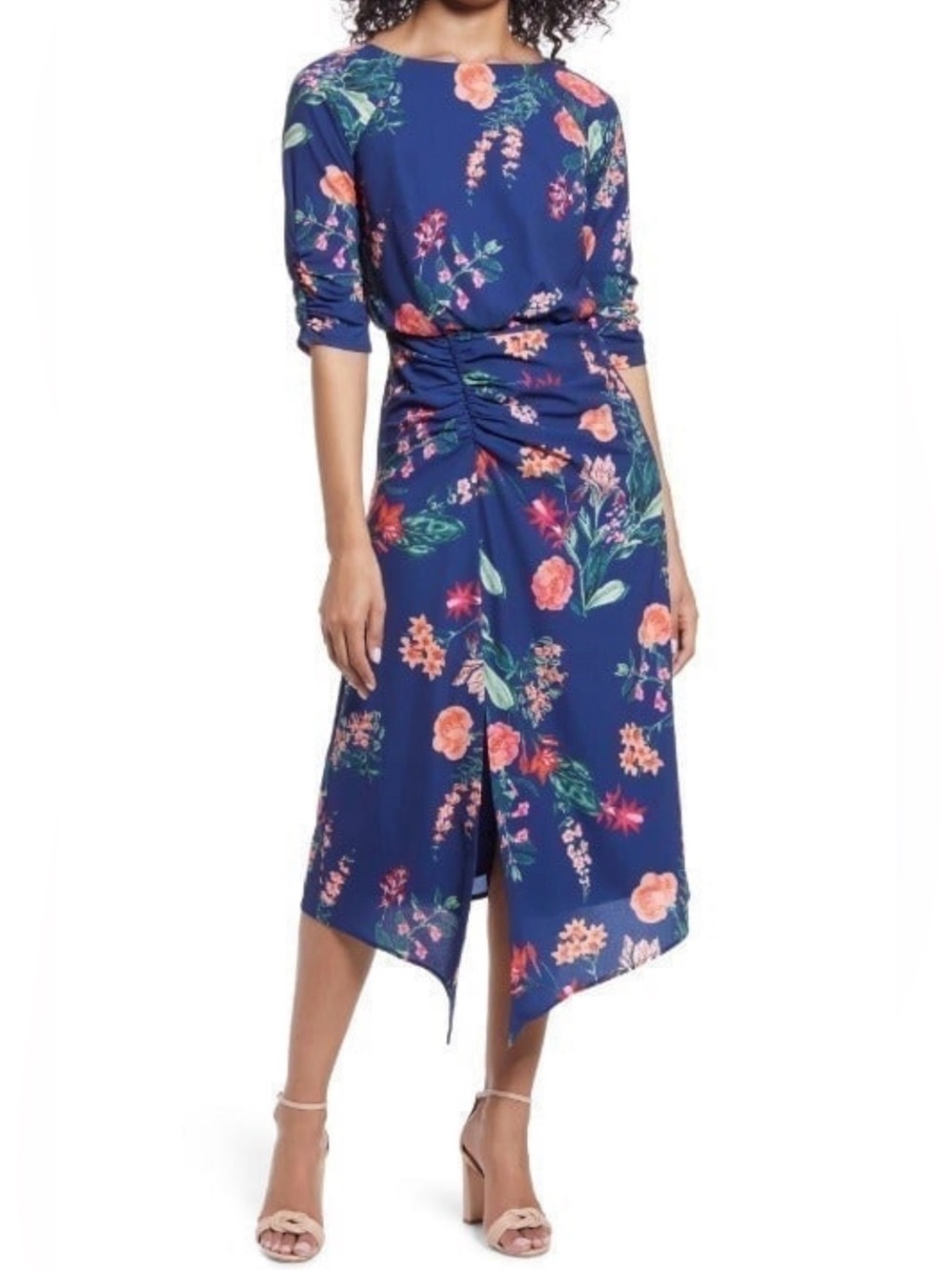 VINCE CAMUTO Floral Asymmetrical Hem Ruched Dress